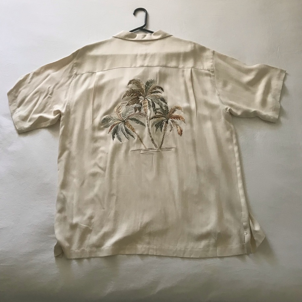 Luau Cream 100% Finest Silk Limited Edition Embroidered Button Up Palm Tree SZ L